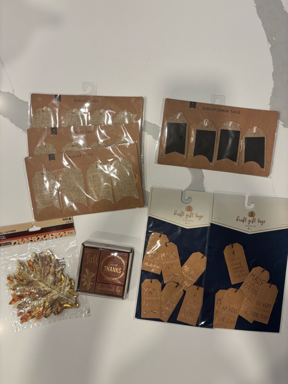 Bundle of 8 Assorted Fall/Thanksgiving Gift Tags,  Ink Stamps & Leaf Decor